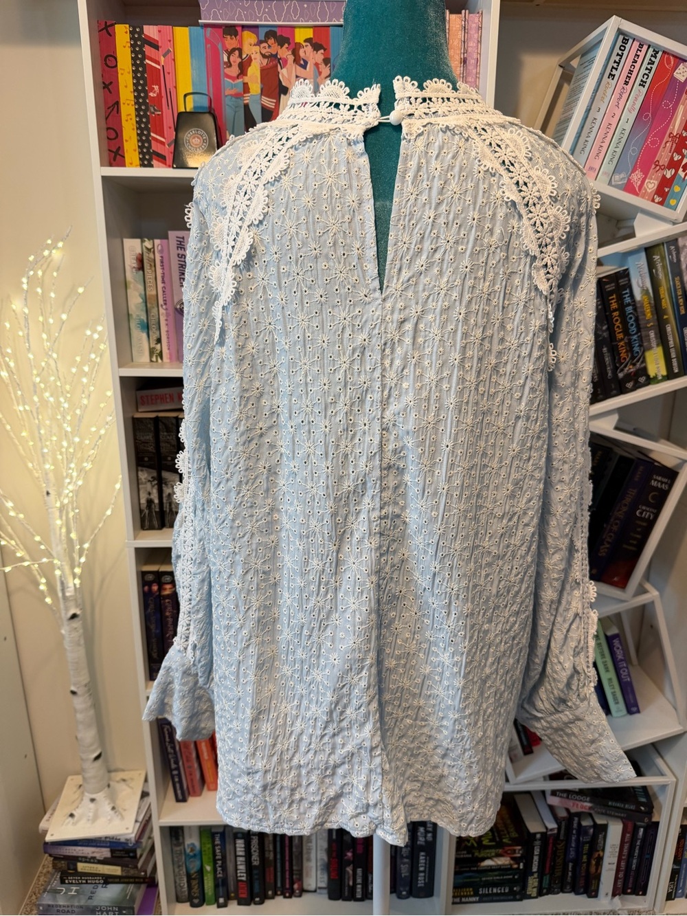 SHEIN Light Blue Eyelet Lace Long Sleeve Blouse - Picture 9 of 15